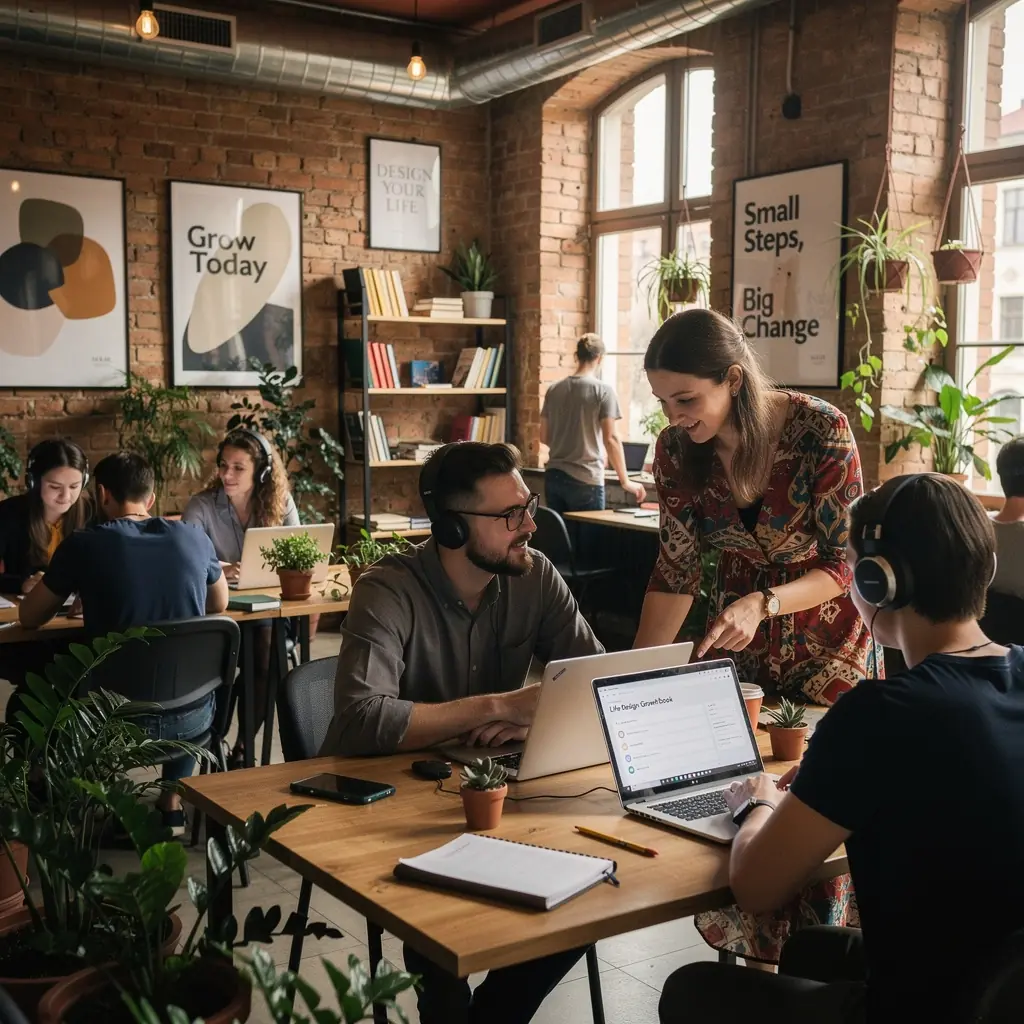 Attēls ar cilvēkiem, kas piedalās grupas diskusijā par mācībām.